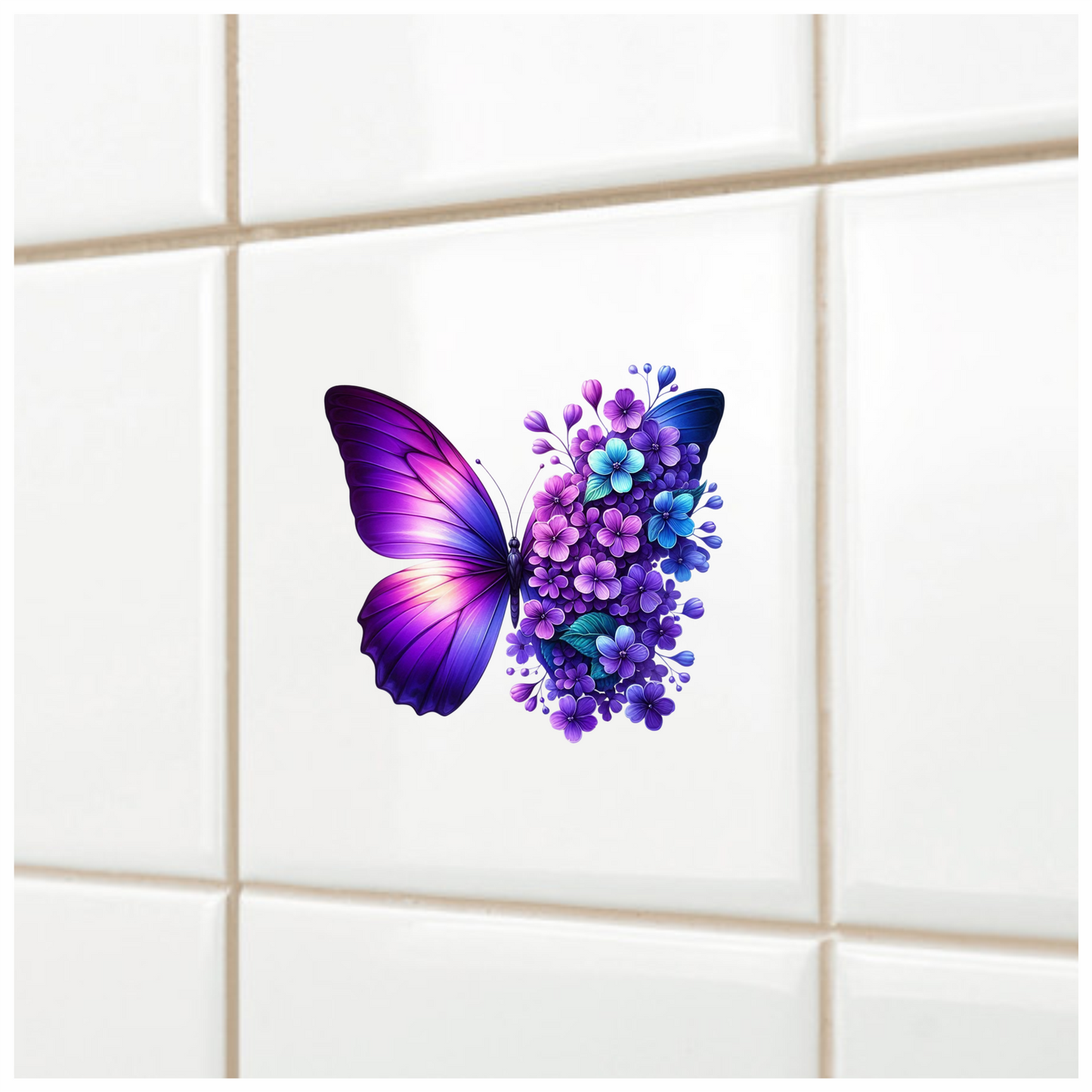 Purple Butterfly With Blue Flowers Vinyl Sticker Decal