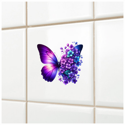 Purple Butterfly With Blue Flowers Vinyl Sticker Decal