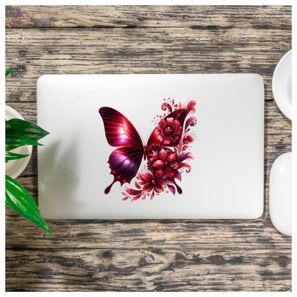 Red Butterfly With Red Flowers Vinyl Sticker Decal