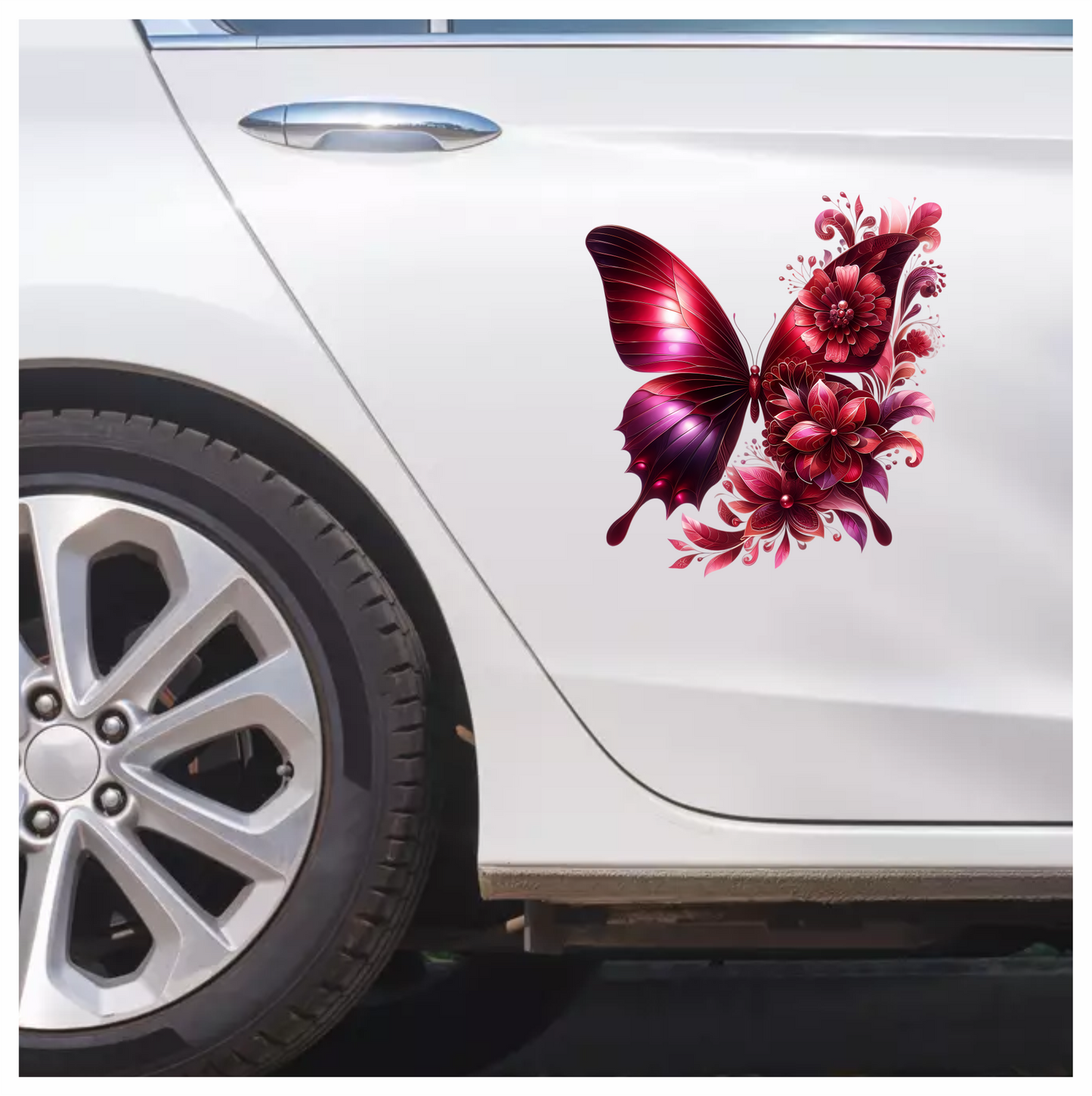 Red Butterfly With Red Flowers Vinyl Sticker Decal