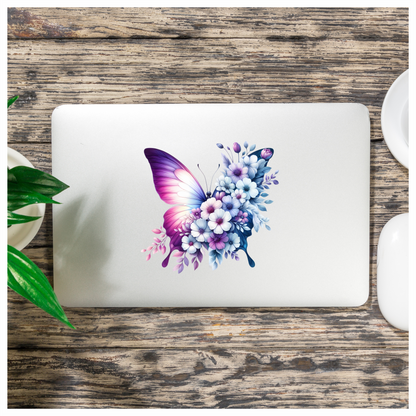 Purple Butterfly With White Flowers Vinyl Sticker Decal