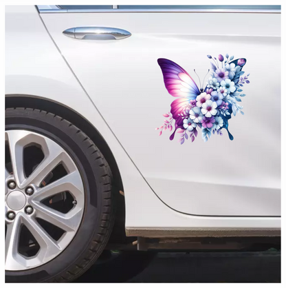 Purple Butterfly With White Flowers Vinyl Sticker Decal