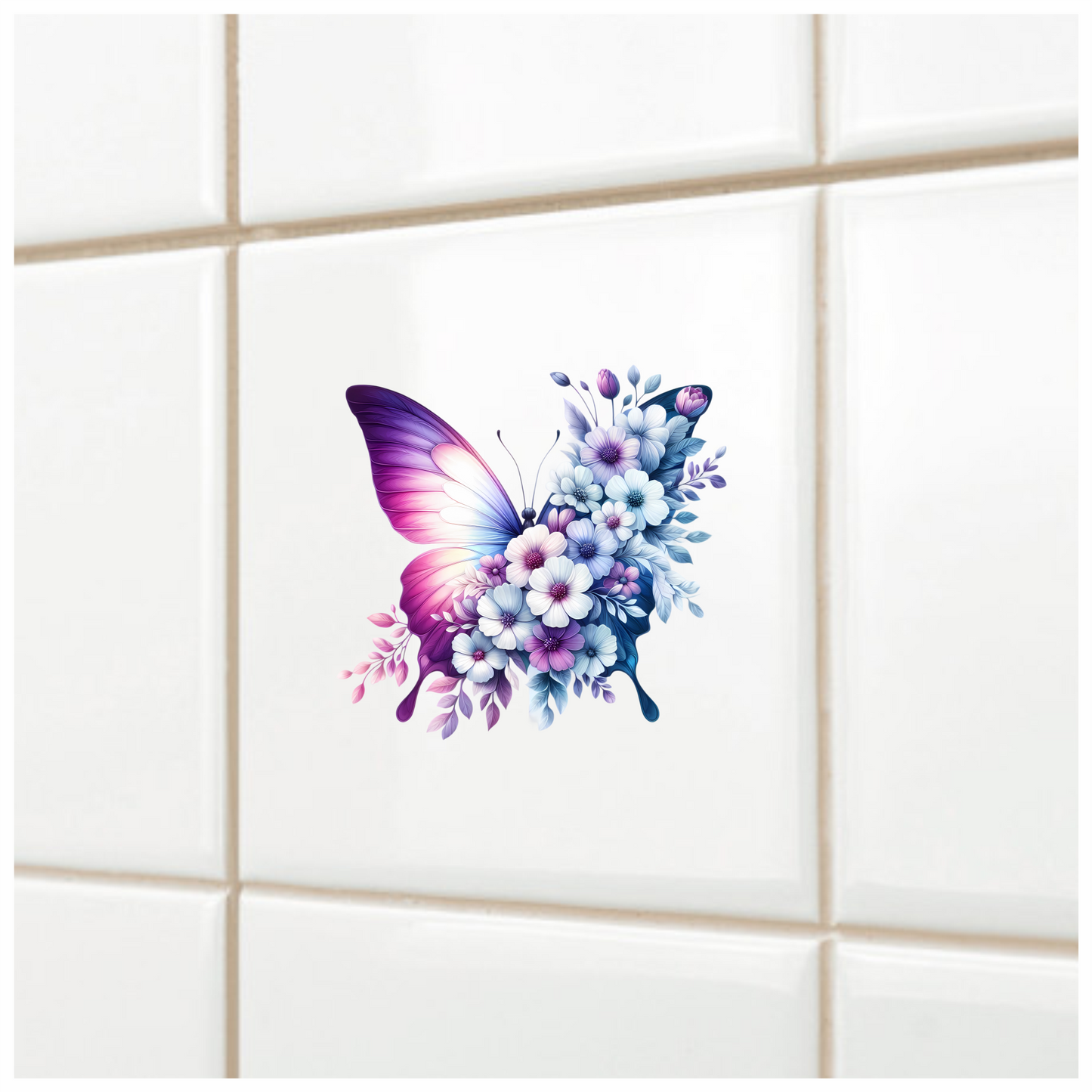 Purple Butterfly With White Flowers Vinyl Sticker Decal