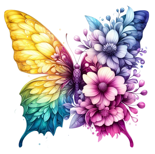 Rainbow Butterfly With Mixed Flowers Vinyl Sticker Decal