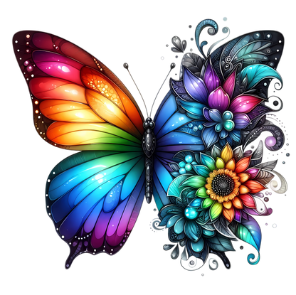 Rainbow Butterfly With Colorful Flowers Vinyl Sticker Decal