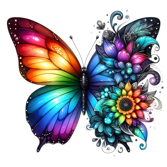 Rainbow Butterfly With Colorful Flowers Vinyl Sticker Decal