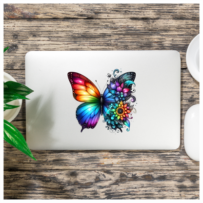 Rainbow Butterfly With Colorful Flowers Vinyl Sticker Decal