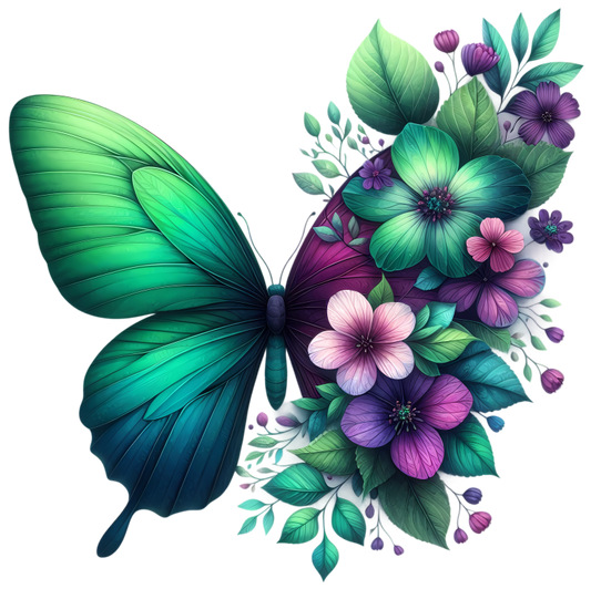 Green Butterfly With Purple Flowers Vinyl Sticker Decal