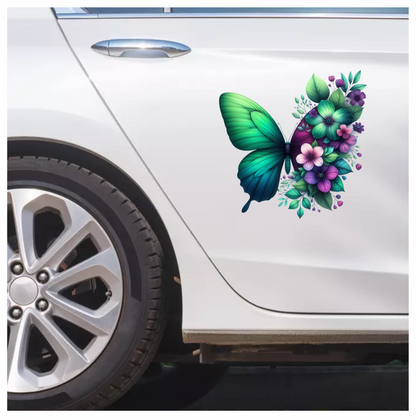 Green Butterfly With Purple Flowers Vinyl Sticker Decal