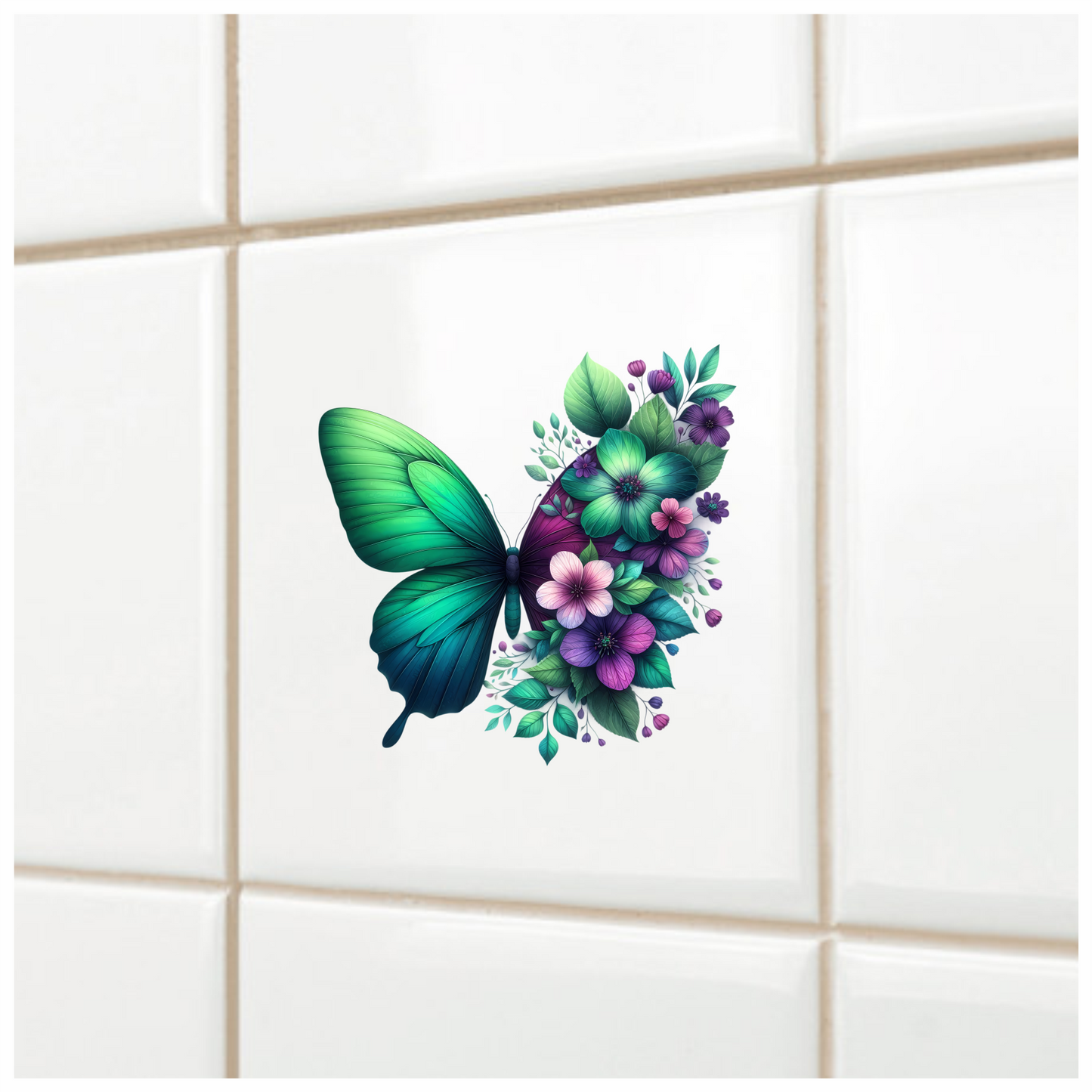 Green Butterfly With Purple Flowers Vinyl Sticker Decal