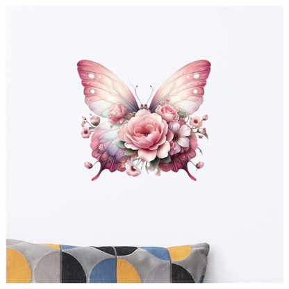 Pink Butterfly With Rose Flowers Vinyl Sticker Decal