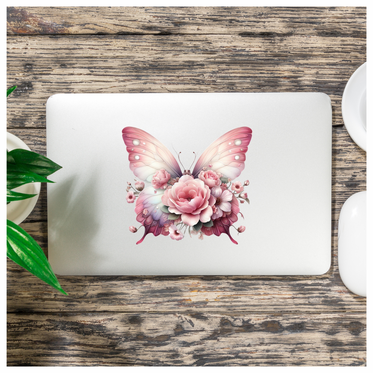 Pink Butterfly With Rose Flowers Vinyl Sticker Decal