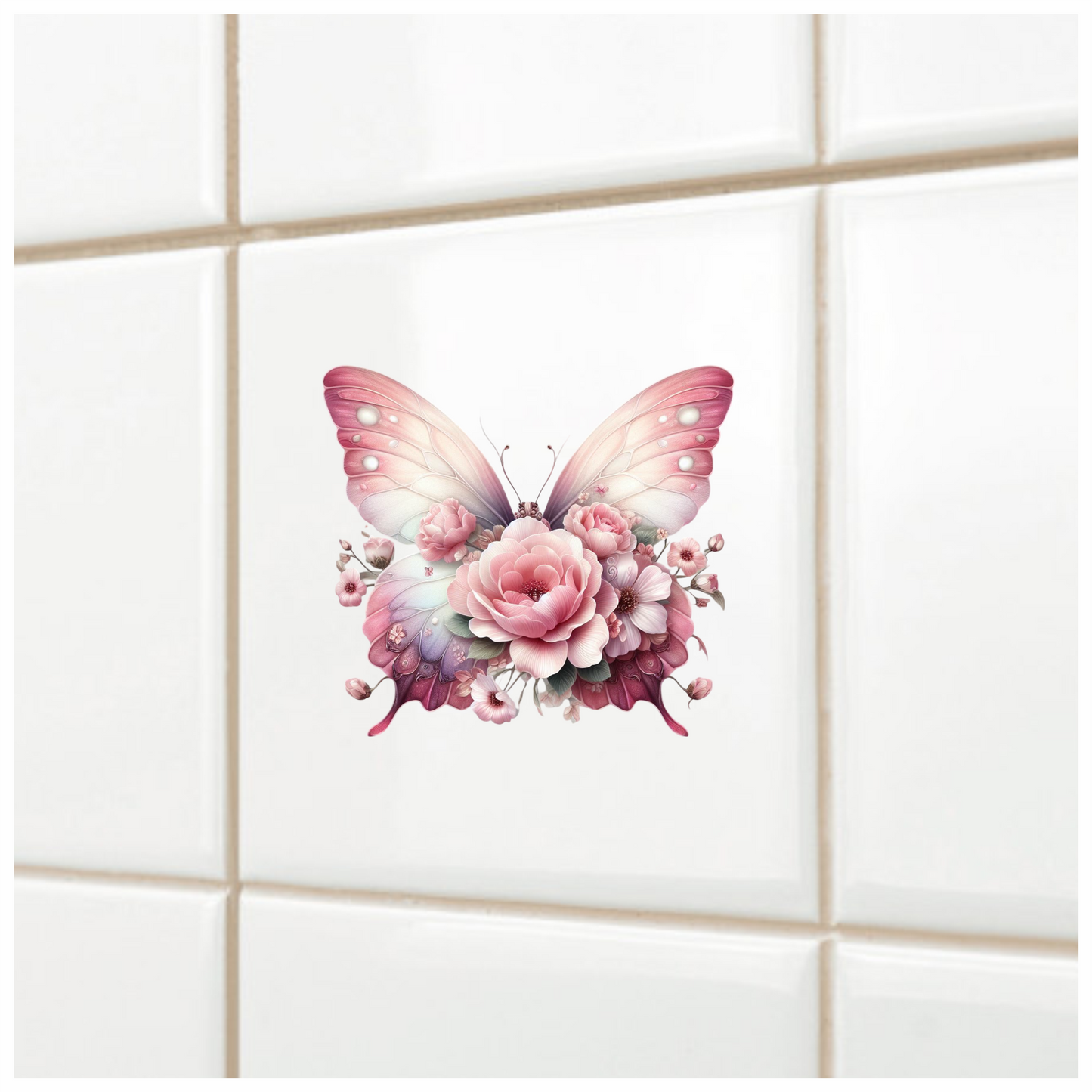 Pink Butterfly With Rose Flowers Vinyl Sticker Decal