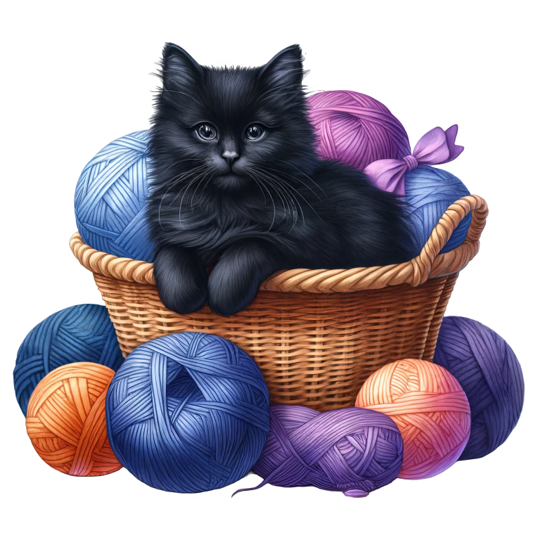 Black Kitten In Basket With Yarn Vinyl Sticker Decal