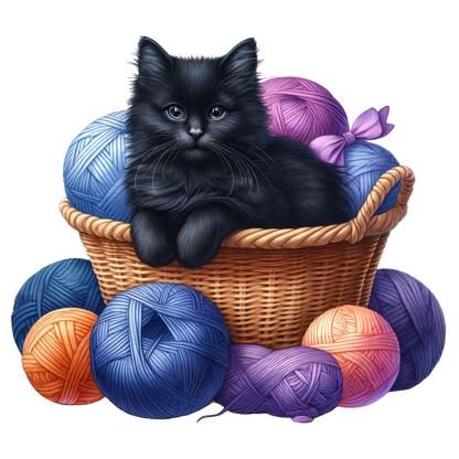 Black Kitten In Basket With Yarn Vinyl Sticker Decal