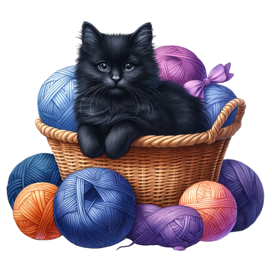 Black Kitten In Basket With Yarn Vinyl Sticker Decal