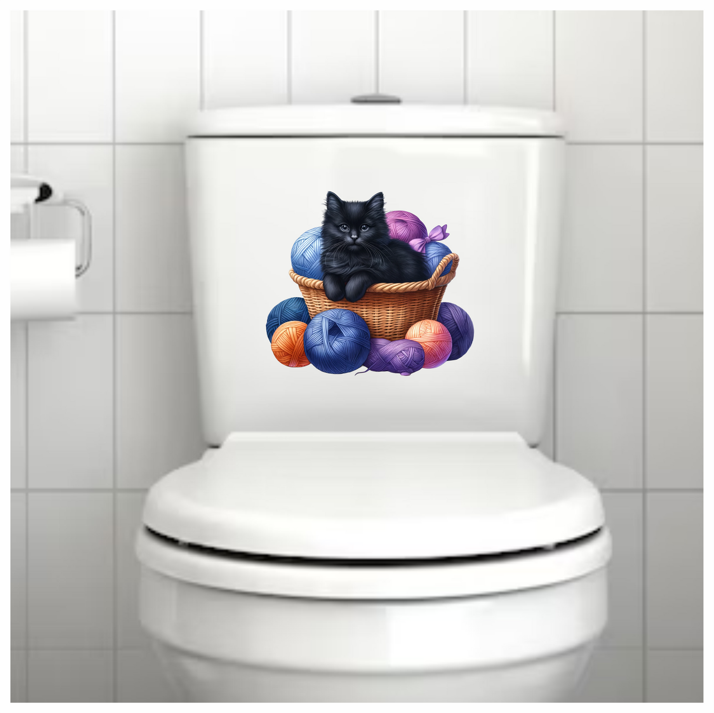 Black Kitten In Basket With Yarn Vinyl Sticker Decal