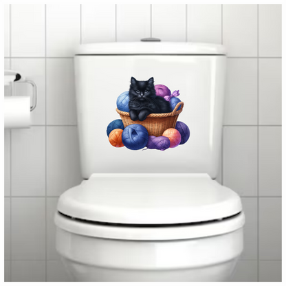Black Kitten In Basket With Yarn Vinyl Sticker Decal
