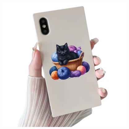 Black Kitten In Basket With Yarn Vinyl Sticker Decal