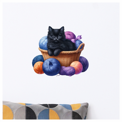 Black Kitten In Basket With Yarn Vinyl Sticker Decal