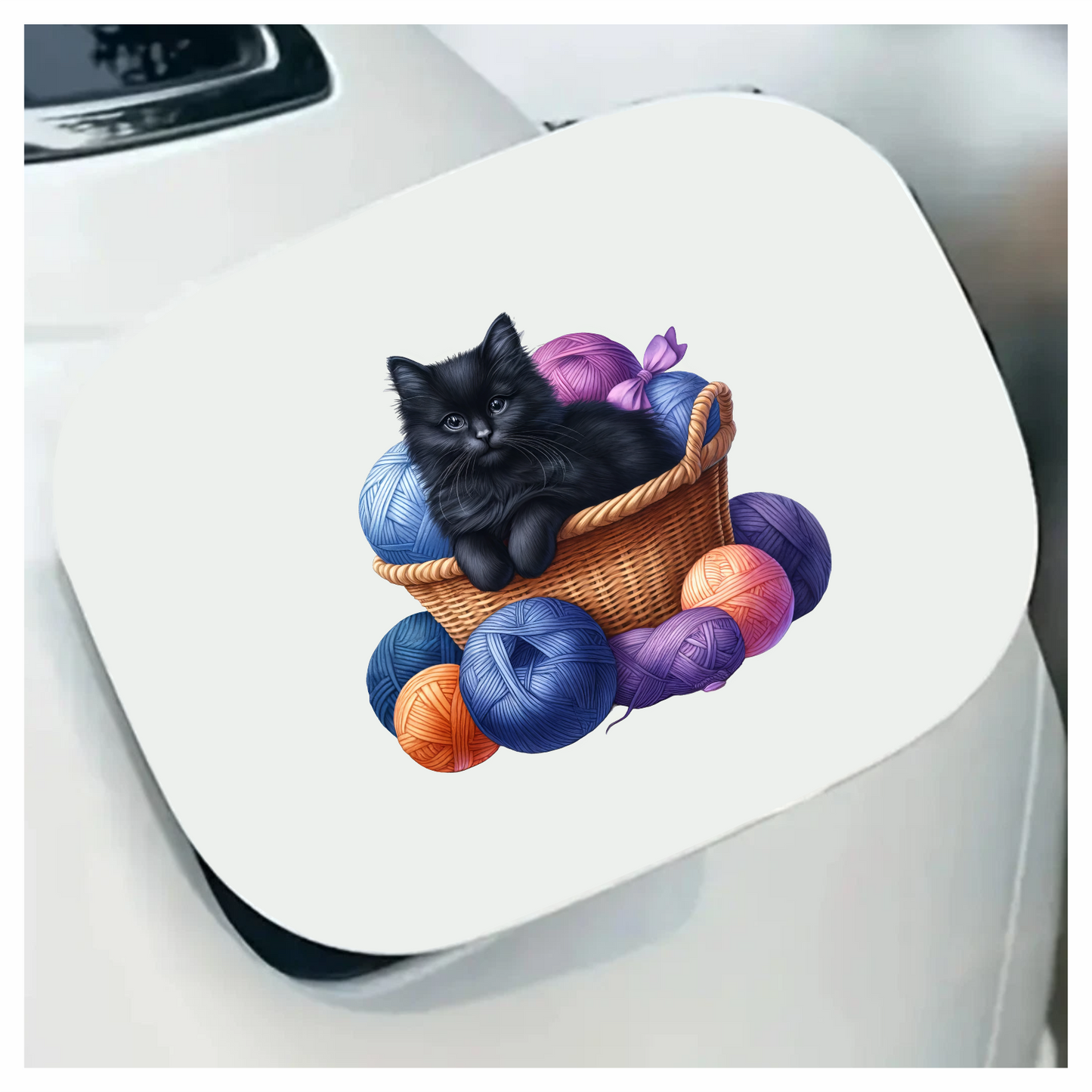 Black Kitten In Basket With Yarn Vinyl Sticker Decal