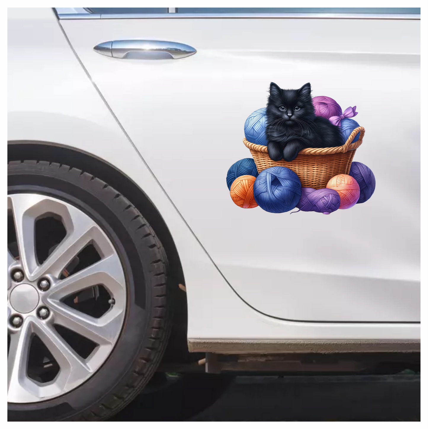 Black Kitten In Basket With Yarn Vinyl Sticker Decal