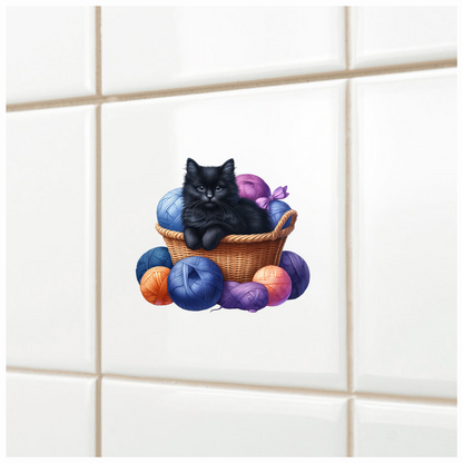 Black Kitten In Basket With Yarn Vinyl Sticker Decal