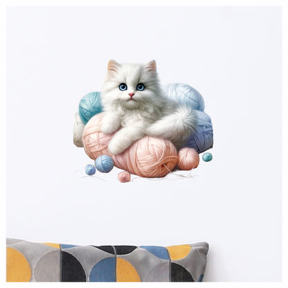 White Kitten With Blue Eyes Yarn Vinyl Sticker Decal