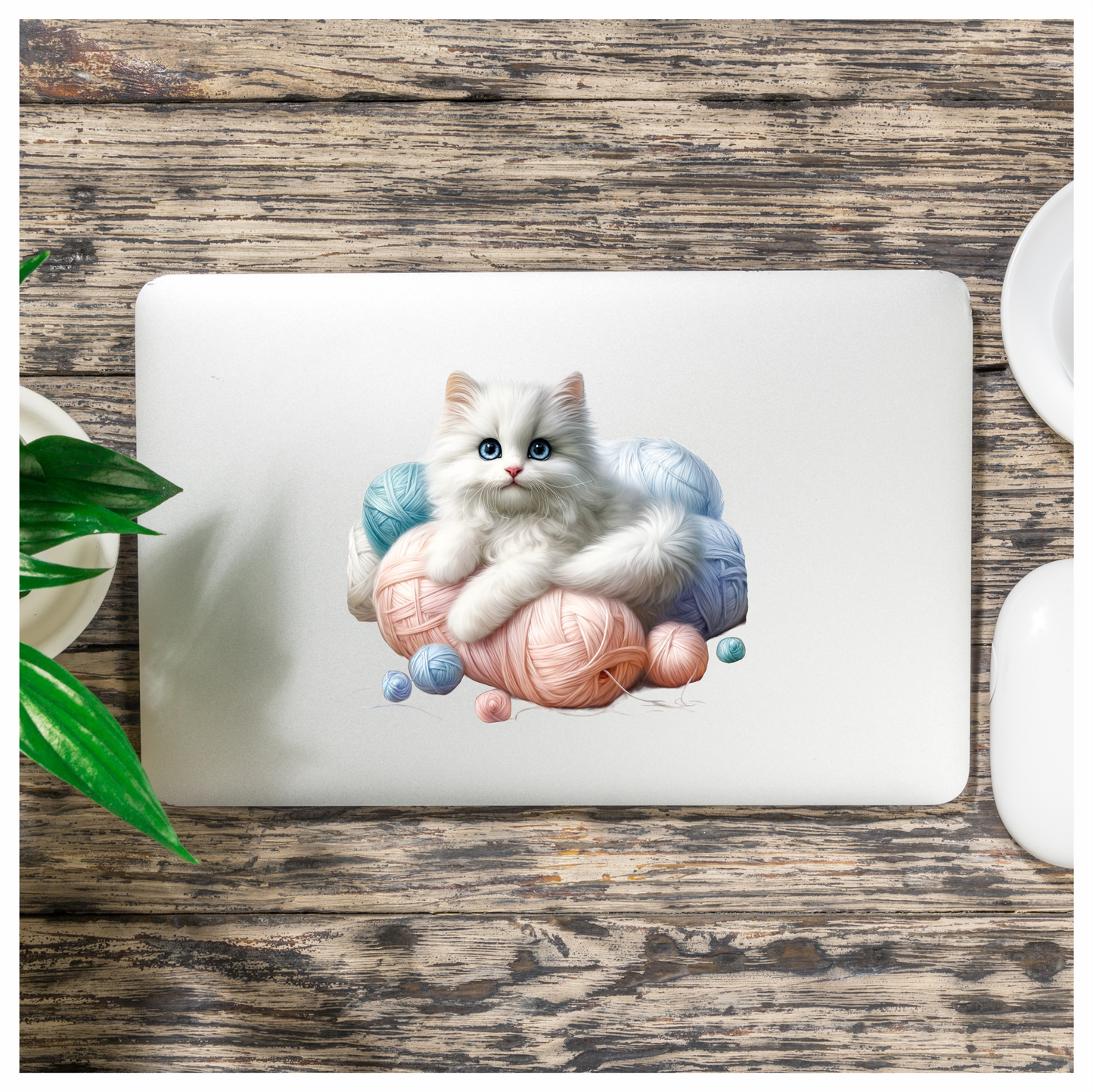 White Kitten With Blue Eyes Yarn Vinyl Sticker Decal