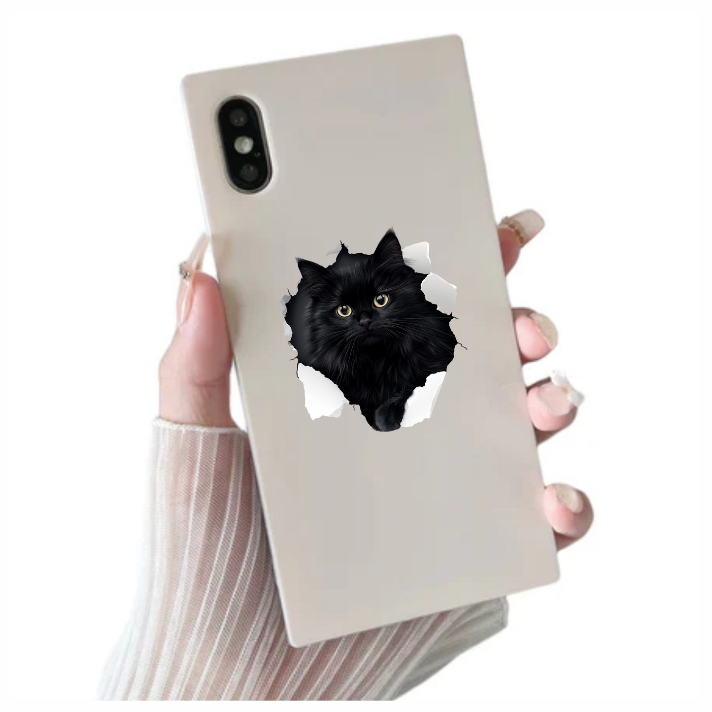 Black Longhair Cat With Yellow Eyes Vinyl Sticker Decal