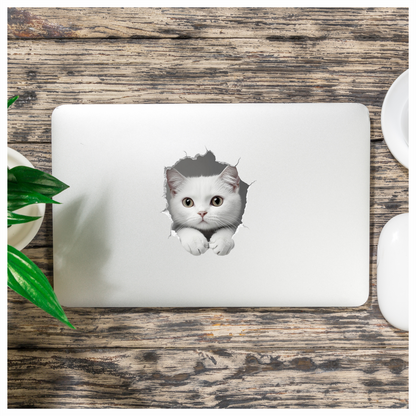White Shorthaired Cat With Green Eyes Vinyl Sticker Decal
