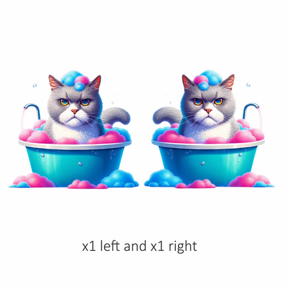 Gray Cat In Blue Bathtub Vinyl Sticker Decal