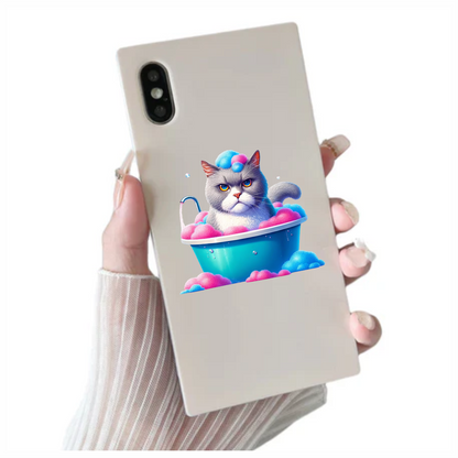 Gray Cat In Blue Bathtub Vinyl Sticker Decal