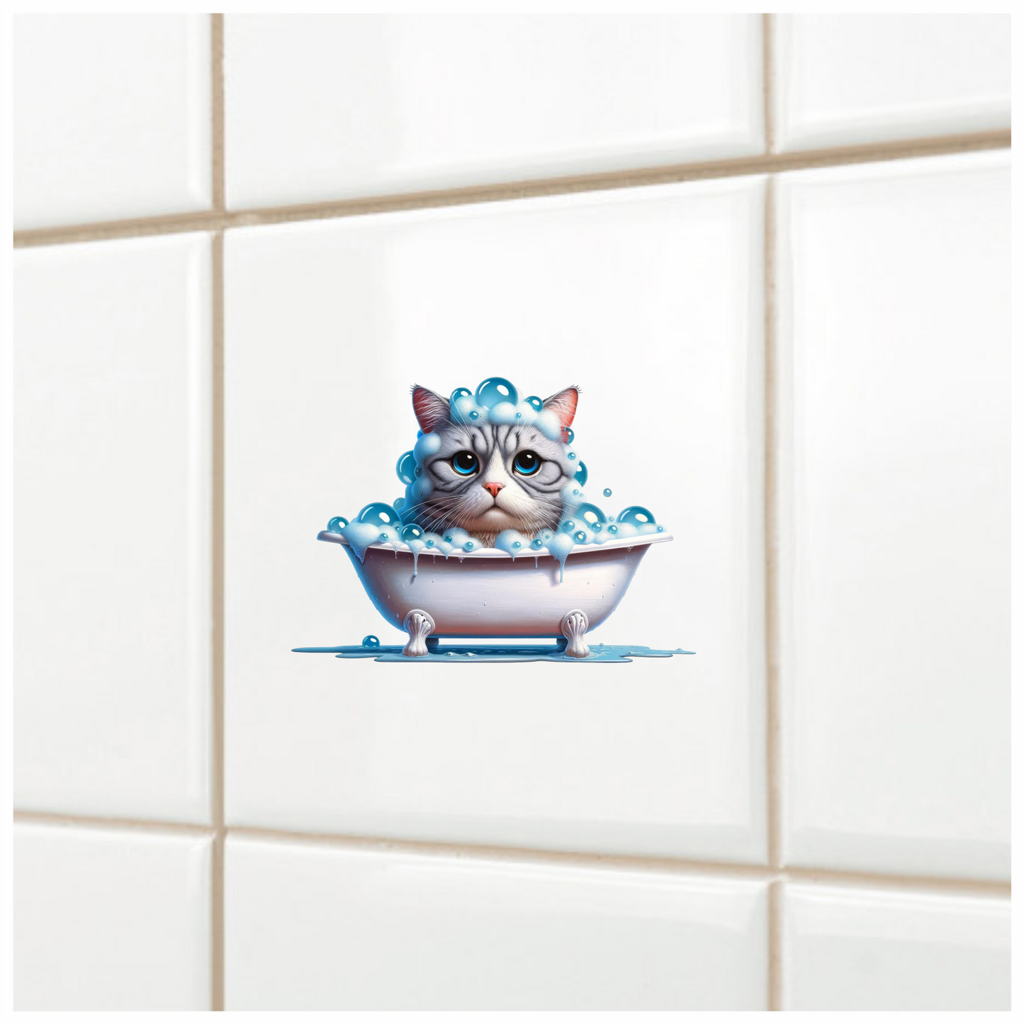 Gray Tabby Cat In White Bathtub Vinyl Sticker Decal