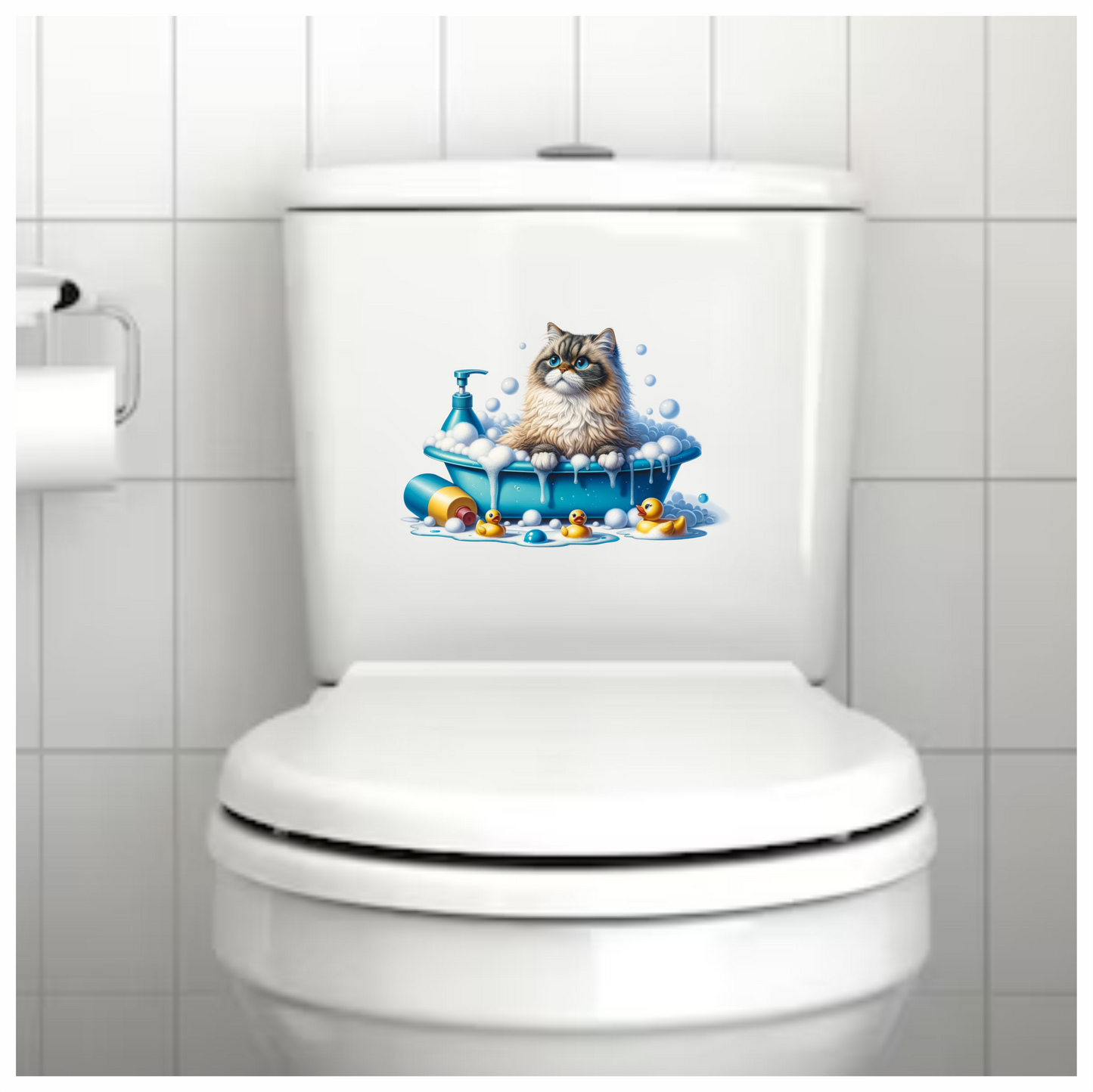 Brown Persian Cat In Blue Bathtub Vinyl Sticker Decal