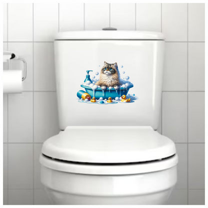 Brown Persian Cat In Blue Bathtub Vinyl Sticker Decal