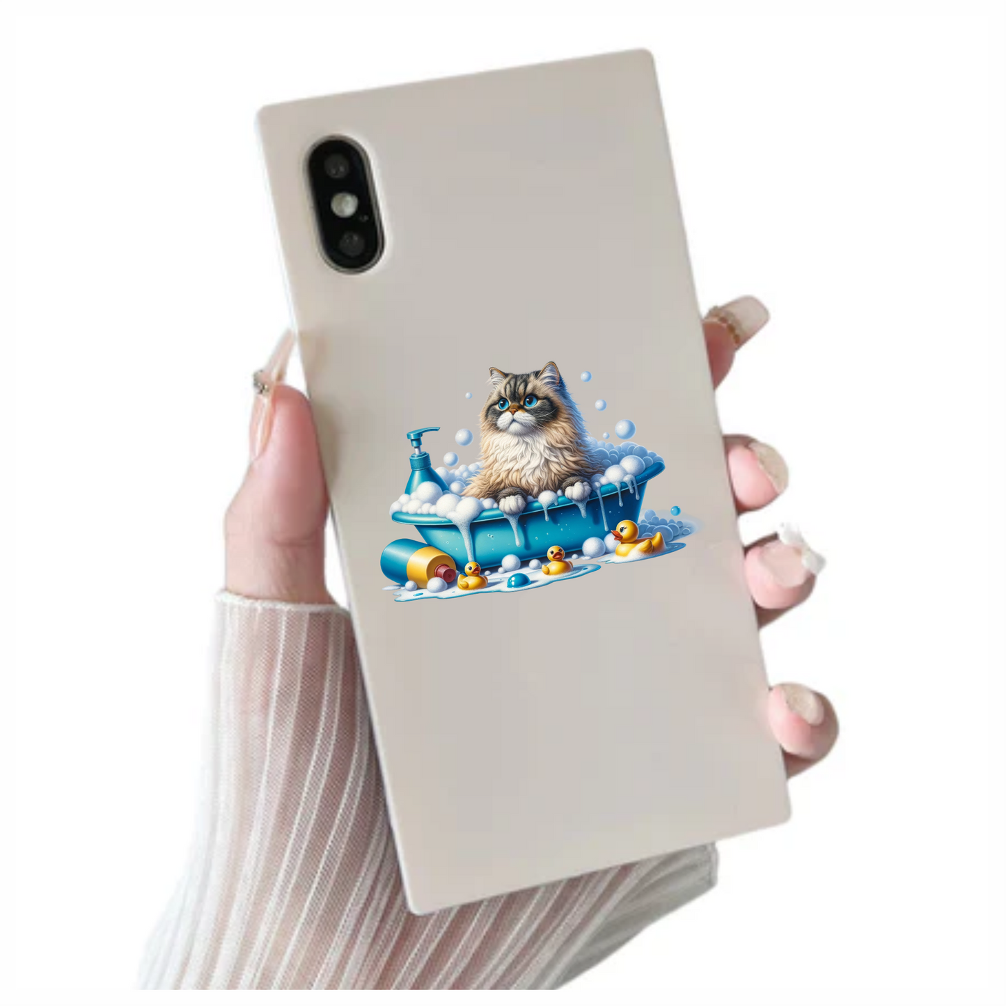 Brown Persian Cat In Blue Bathtub Vinyl Sticker Decal