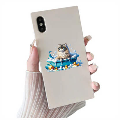 Brown Persian Cat In Blue Bathtub Vinyl Sticker Decal