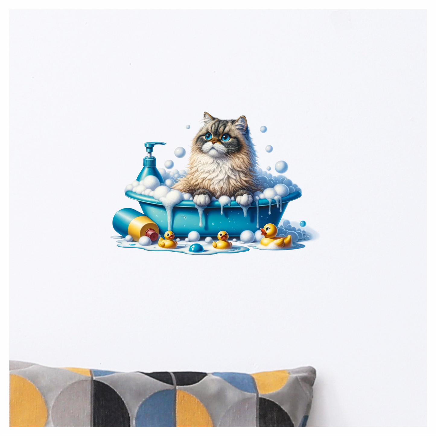 Brown Persian Cat In Blue Bathtub Vinyl Sticker Decal