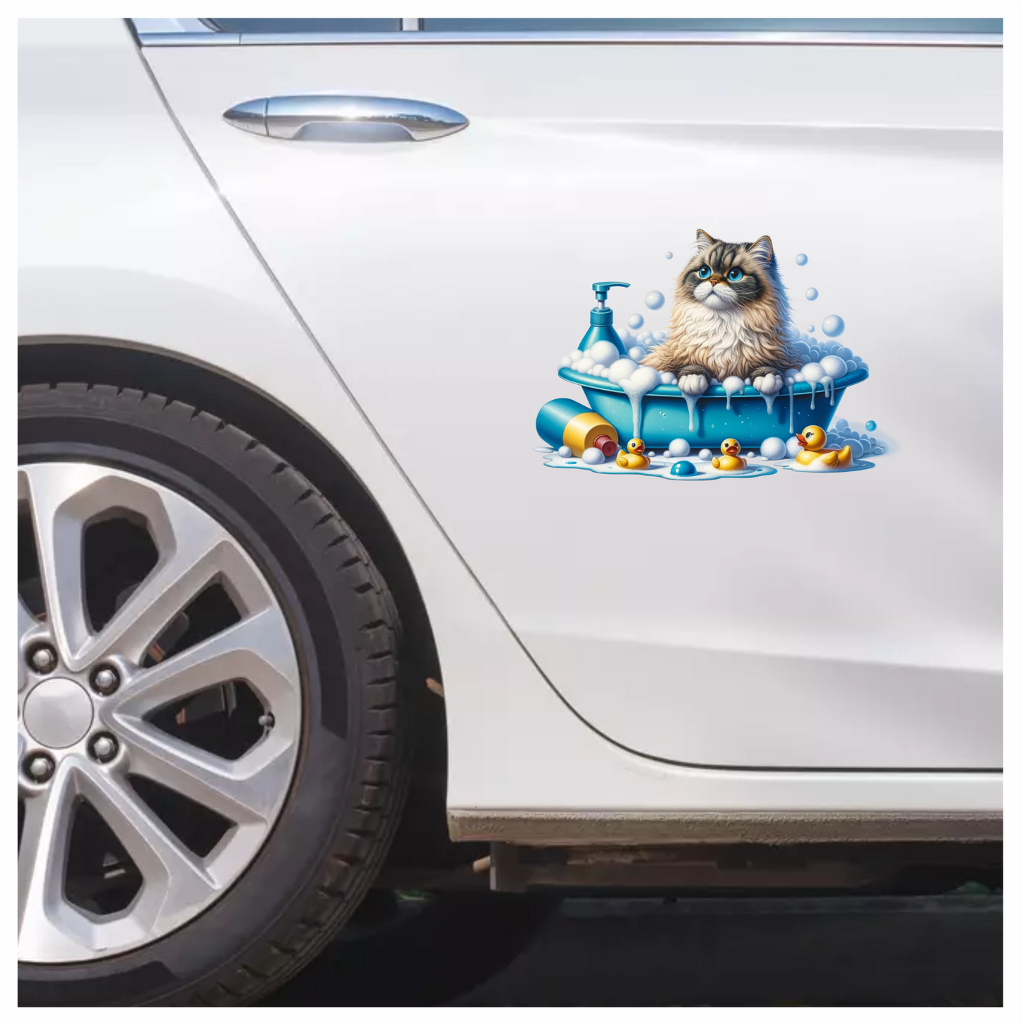 Brown Persian Cat In Blue Bathtub Vinyl Sticker Decal