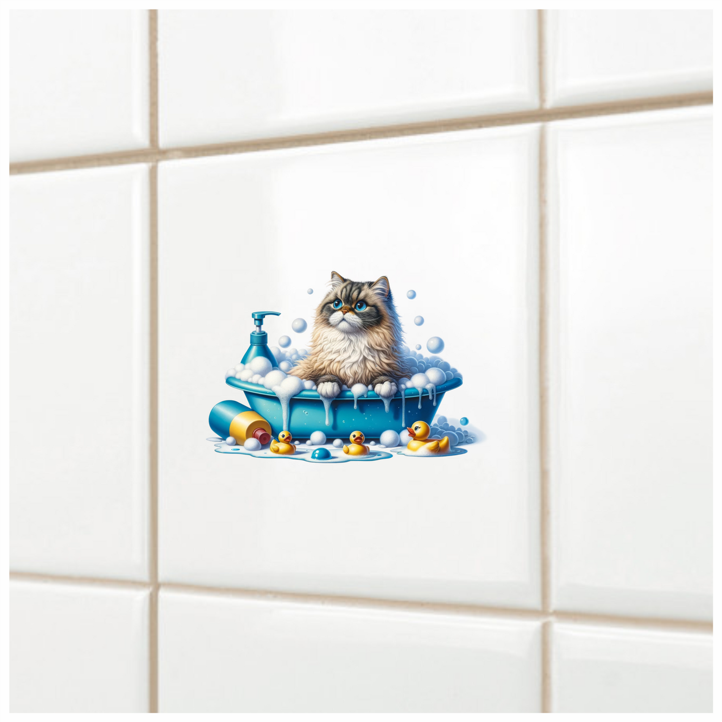 Brown Persian Cat In Blue Bathtub Vinyl Sticker Decal