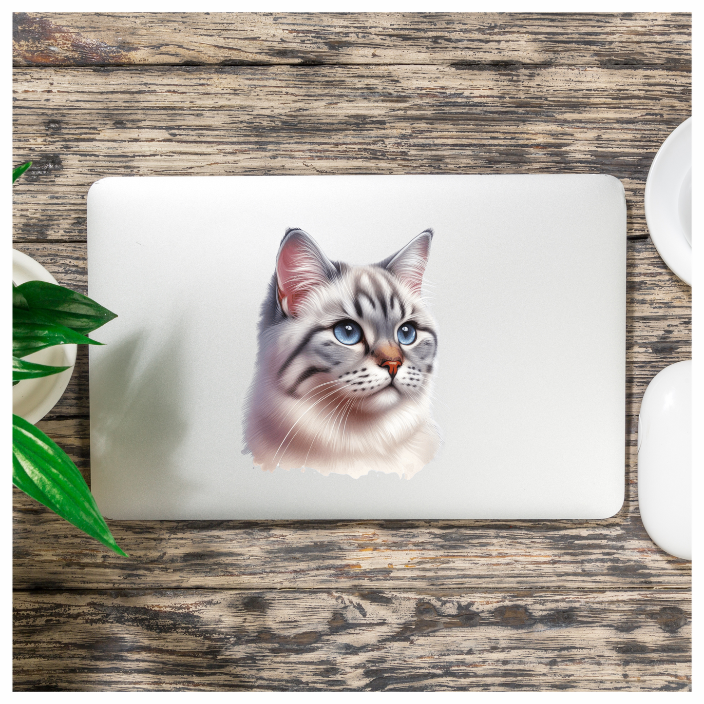 White Tabby Cat With Blue Eyes Vinyl Sticker Decal