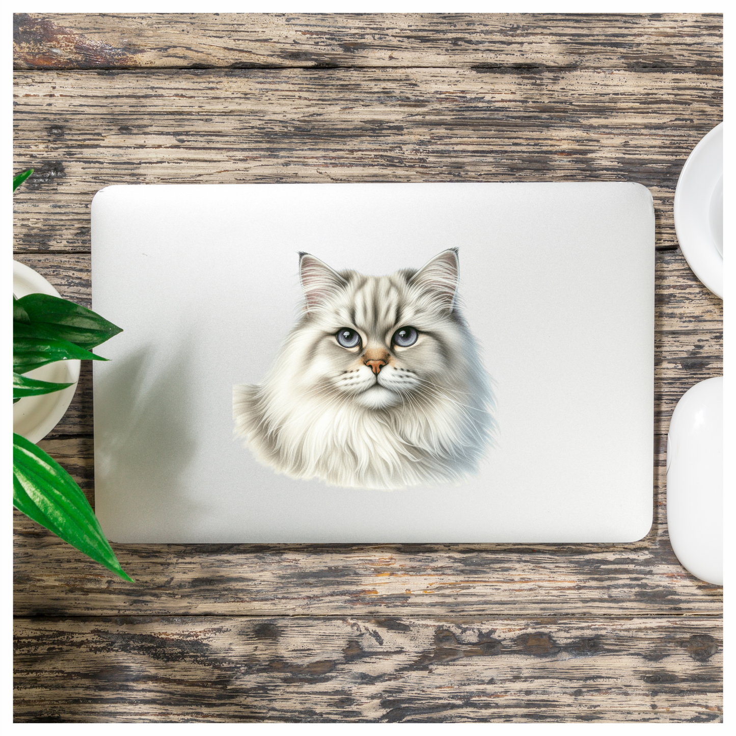 White Siberian Cat With Blue Eyes Vinyl Sticker Decal