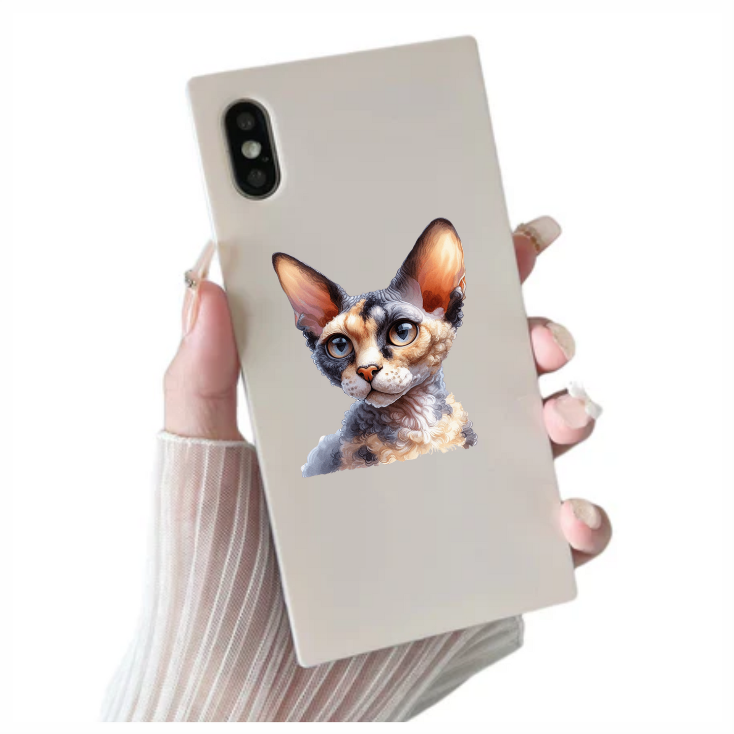 Calico Devon Rex Cat With Large Ears Vinyl Sticker Decal