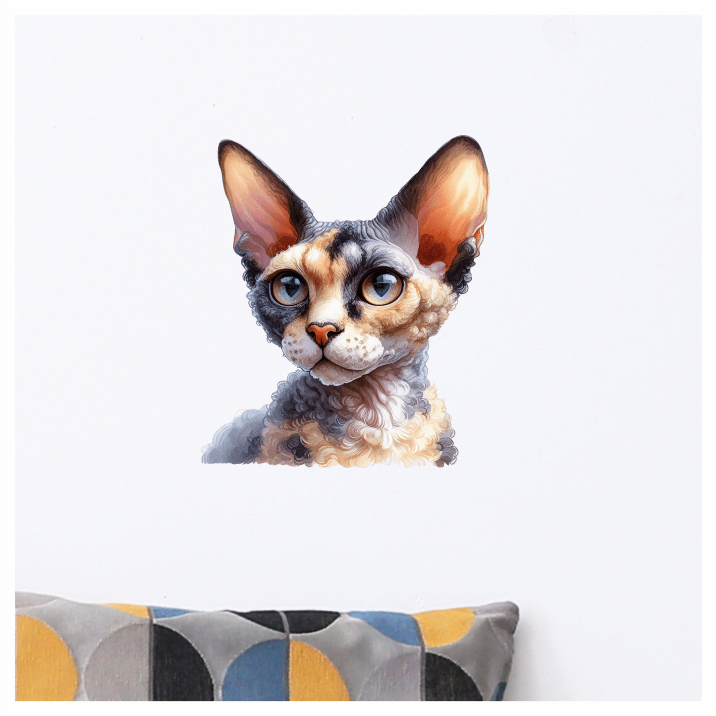 Calico Devon Rex Cat With Large Ears Vinyl Sticker Decal