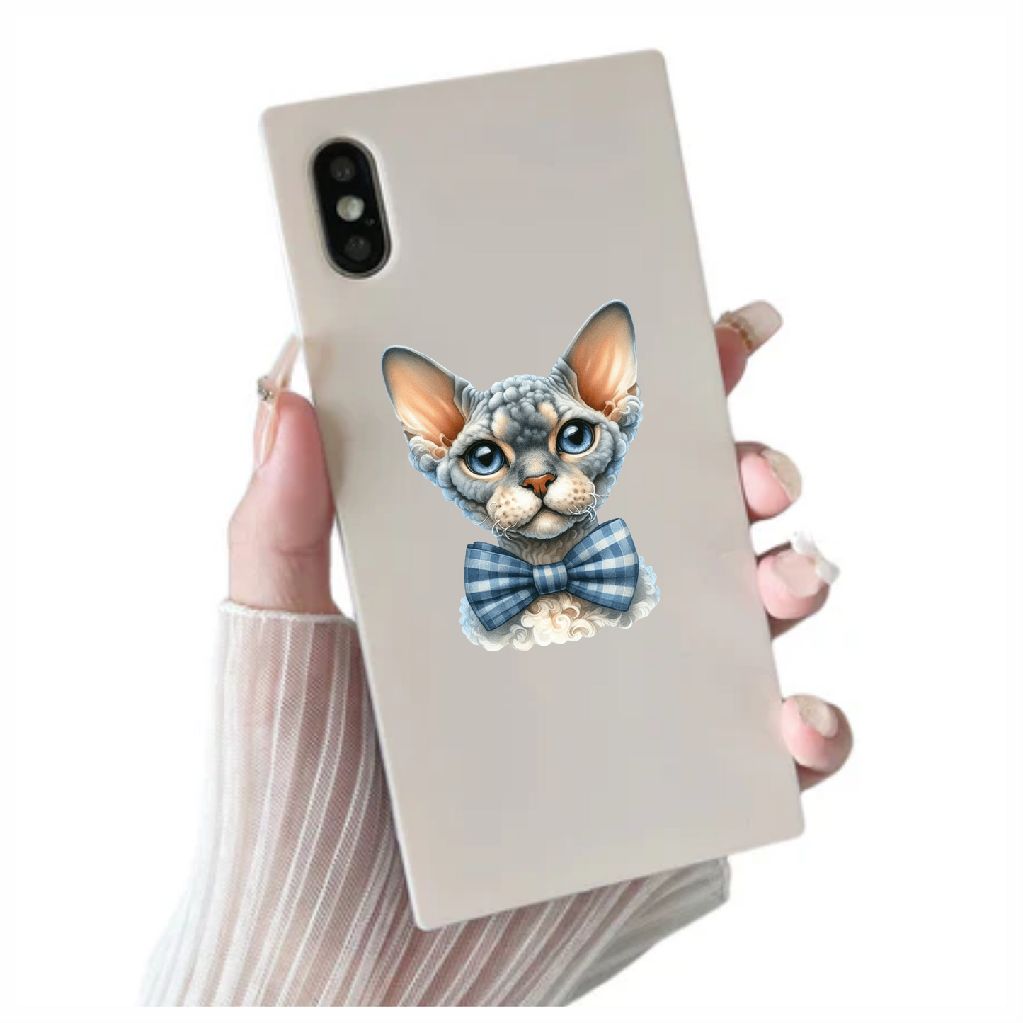 Gray Devon Rex Cat With Bow Vinyl Sticker Decal