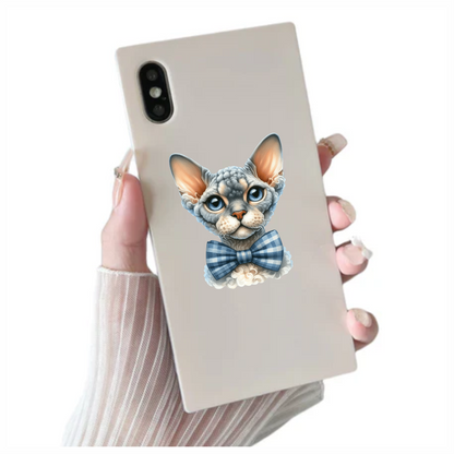 Gray Devon Rex Cat With Bow Vinyl Sticker Decal