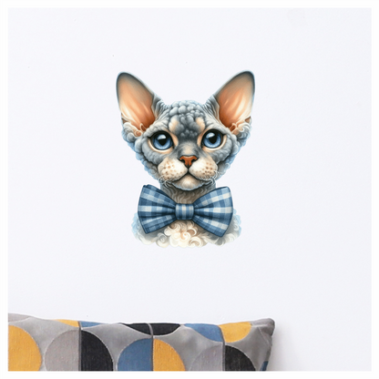 Gray Devon Rex Cat With Bow Vinyl Sticker Decal
