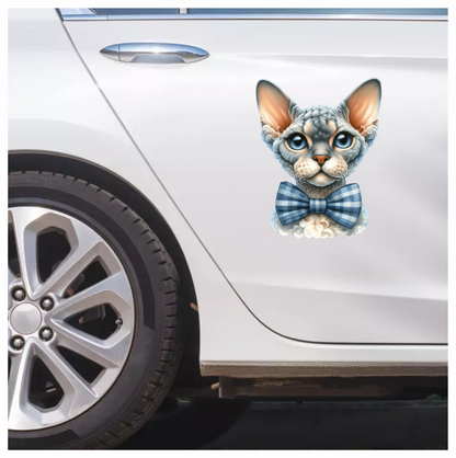 Gray Devon Rex Cat With Bow Vinyl Sticker Decal