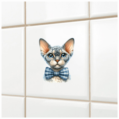Gray Devon Rex Cat With Bow Vinyl Sticker Decal